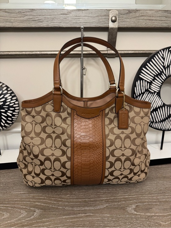 Coach Handbags - Coach Tan Signature  Canvas Tote with Brown Leather Trim